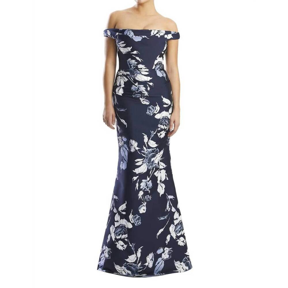 NEW ALEXANDER BY DAYMOR floral jacquard off shoulder gown in navy multi
